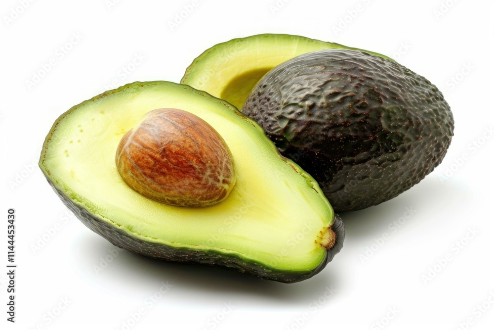 Whole and a halved avocado showing the stone, isolated on a white background Whole and a halved avocado showing the stone, isolated on a white background