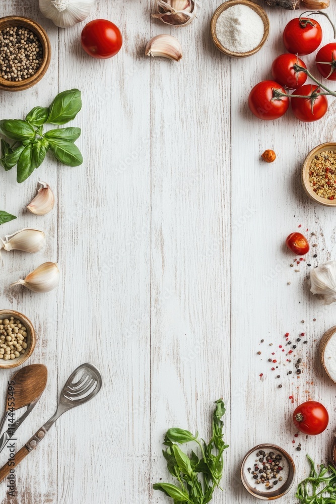 Spices and vegetables arranged artistically for food preparation. Spices and vegetables arranged artistically for food preparation.