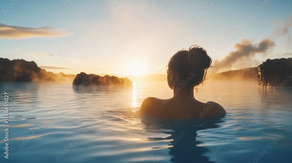 Sunlit scene of woman swimming during evening, surrounded by calm water and reflections. Sunlit scene of woman swimming during evening, surrounded by calm water and reflections.