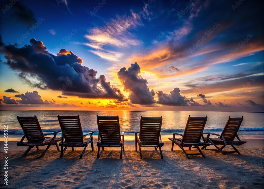 Fototapeta premium Tropical Beach Chairs Night Photography, Low Light Sunset Beach Chairs, Dark Beach Scene Chairs, Nighttime Beach Scene with Chairs