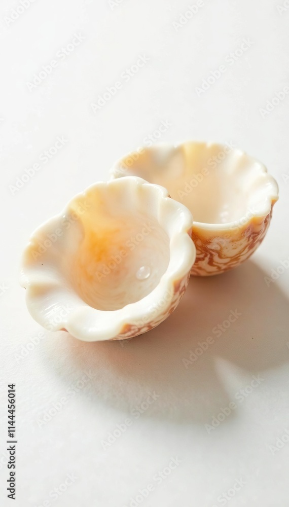 Delicate Nautillus shell halves on white background, translucent, organic, beige Delicate Nautillus shell halves on white background, translucent, organic, beige