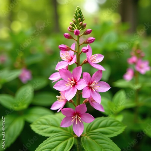 Delicate pink flowers of basil bloom in a lush summer garden, garden decor, floral, greenery