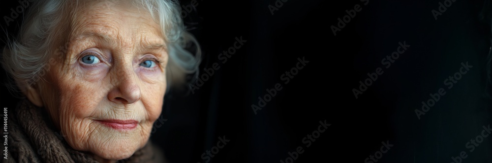 An elderly woman's serene face with deep-set blue eyes and gentle wrinkles, reflecting wisdom and life experiences. Copy Space An elderly woman's serene face with deep-set blue eyes and gentle wrinkles, reflecting wisdom and life experiences. Copy Space