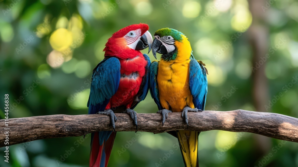 Two parrots are sitting on a branch, one is red and the other is yellow Two parrots are sitting on a branch, one is red and the other is yellow