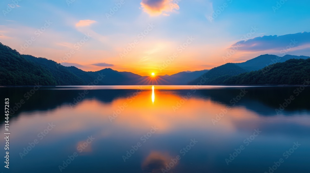 Fototapeta premium A beautiful sunset over a lake with mountains in the background