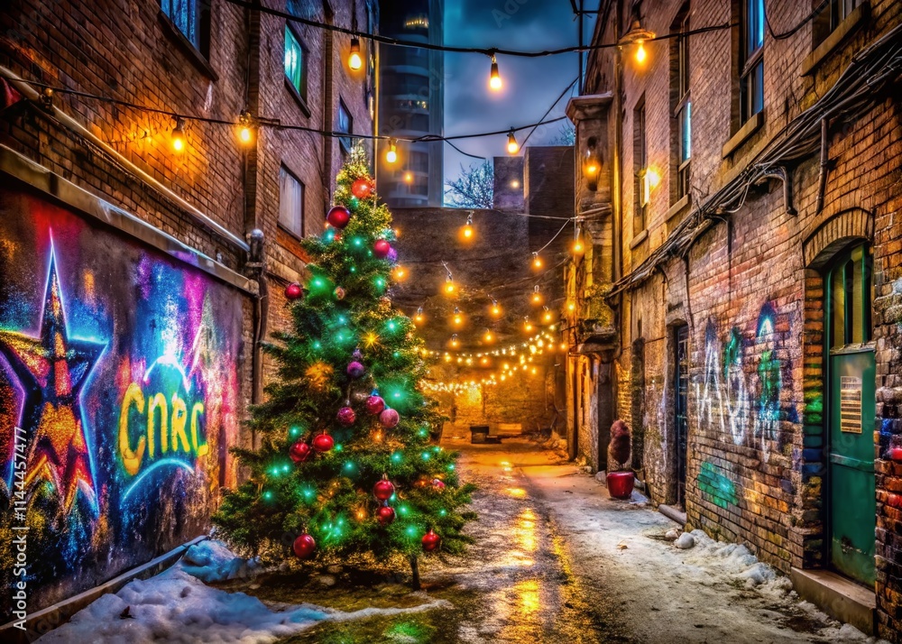 Fototapeta premium Urban Christmas Tree Exploration Photography: Dark Alley Festive Lights Background