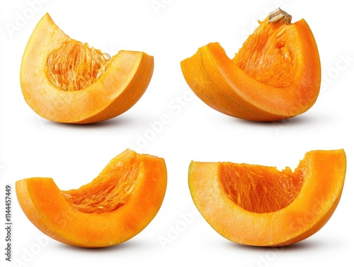 Close-up photos of a whole and cut pumpkin with the stem intact.