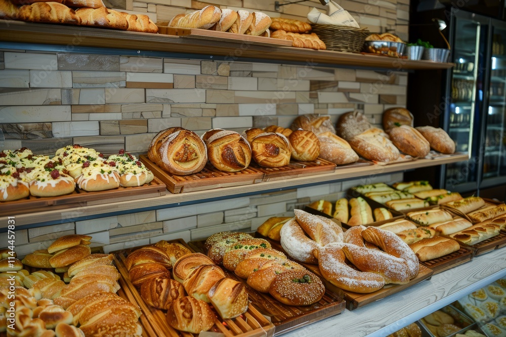 Mouthwatering variety of freshly baked bread and pastries arranged on wooden shelves in a bakery Mouthwatering variety of freshly baked bread and pastries arranged on wooden shelves in a bakery