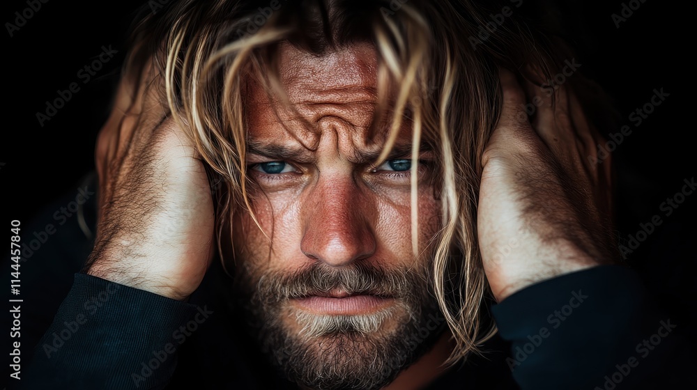 A thoughtful bearded man holds his head in contemplation, expression detailed with rugged features and furrowed brows, highlighting stress and introspection. A thoughtful bearded man holds his head in contemplation, expression detailed with rugged features and furrowed brows, highlighting stress and introspection.