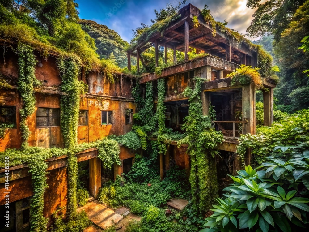 Fototapeta premium Urban Exploration Bush Background Photography: Abandoned Building Overgrown Nature, Lost Places, Decaying Structures, Wild Nature Photography