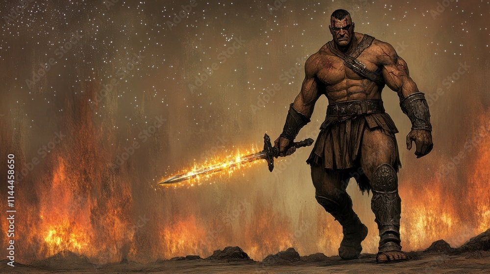 Fierce Warrior with Flame Sword in Fiery Fantasy Landscape Fierce Warrior with Flame Sword in Fiery Fantasy Landscape
