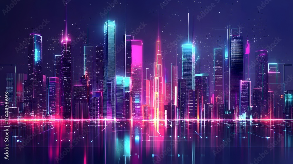 Fototapeta premium This sentence incorporates elements like abstract background, color, digital, glow, dark, city, vector, and illustration while keeping it concise and impactful