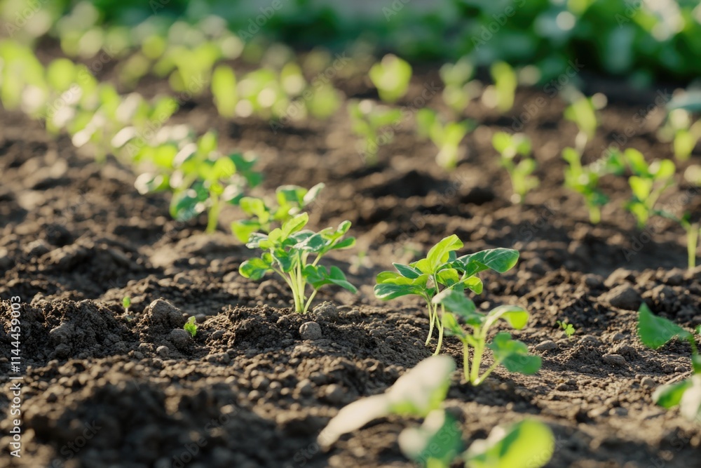 A freshly plowed field with young plants sprouting from the soil in a green garden setting A freshly plowed field with young plants sprouting from the soil in a green garden setting