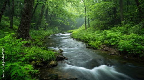 Tranquil Stream Flowing Through Lush Green Forest Landscape