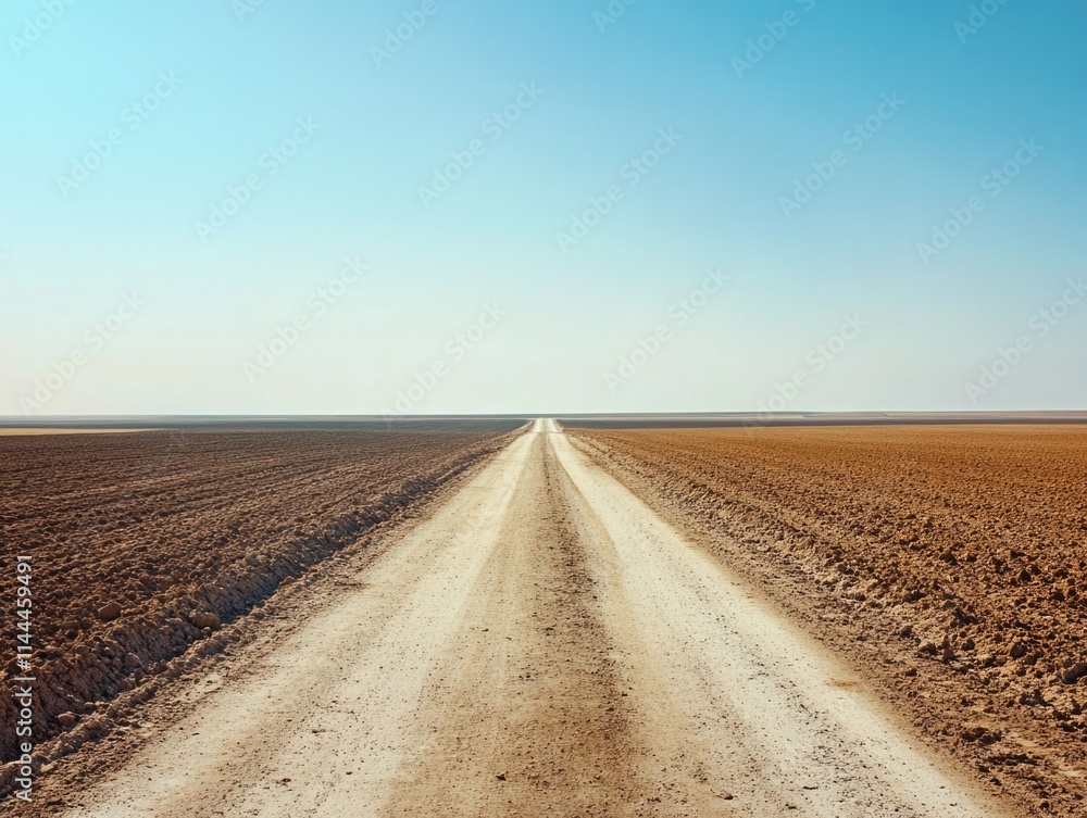 Fototapeta premium Long road stretches across a dry, barren landscape. The sky is clear and blue, and the sun is shining brightly. The road is unpaved and dusty, and there are no signs of life in the area