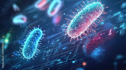 Futuristic illustration of AI analyzing bacteria genomes in a digital interface, bacteria, bioinformatics 