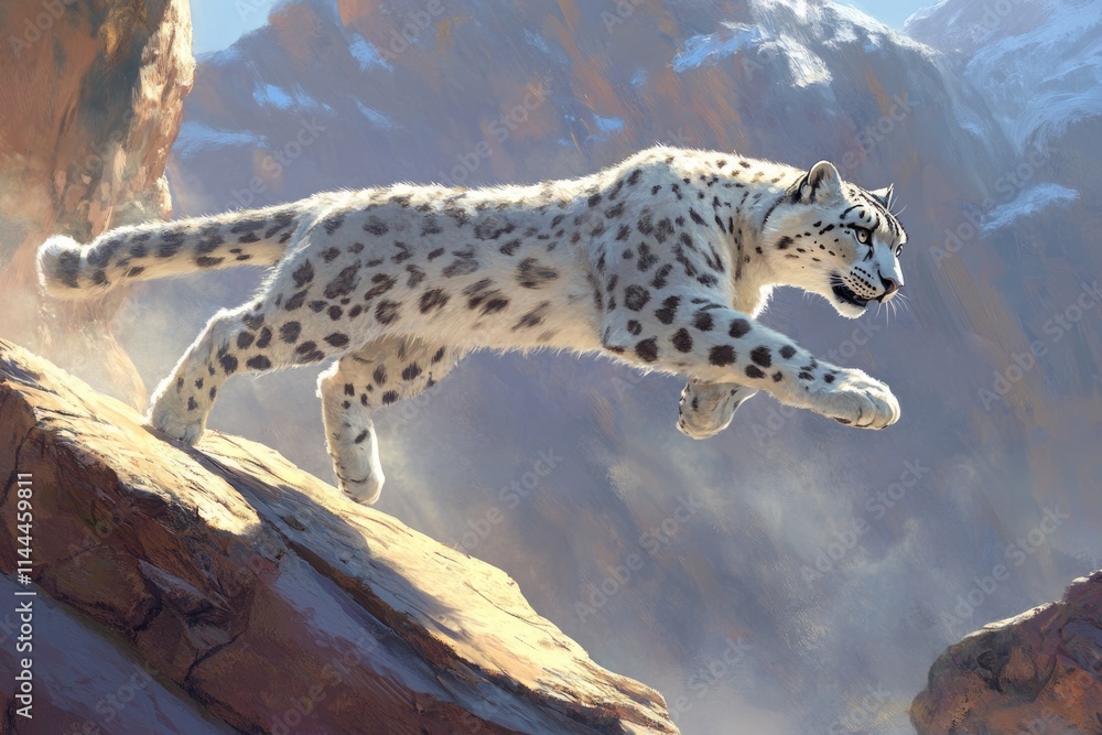 Fototapeta premium A majestic snow leopard gracefully leaps across rugged, snow-capped mountains.