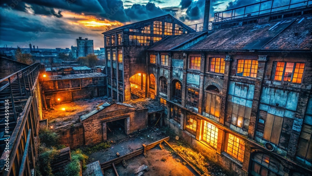 Obraz premium Urban Exploration Photography: Dark Moody Abandoned Building Backdrop, Grunge Textures, Industrial Decay