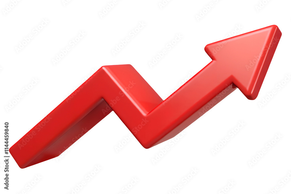 3D render red upward arrow graph showing rising trend, cut out, transparent white isolated background. 3D render red upward arrow graph showing rising trend, cut out, transparent white isolated background.