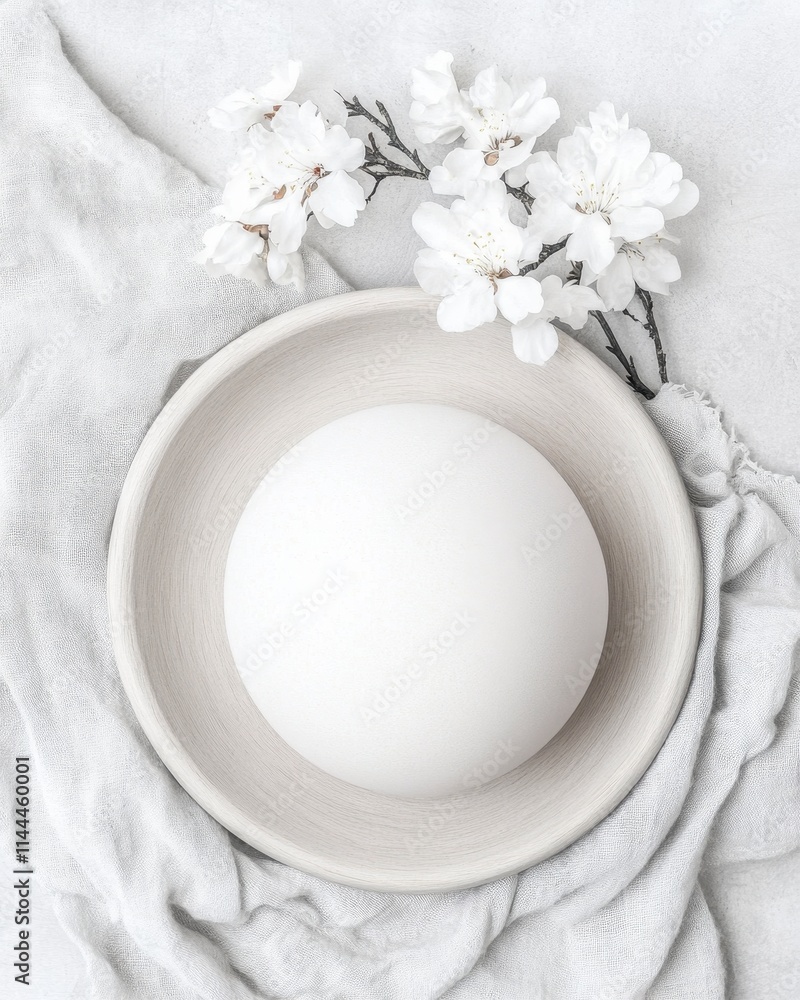 White sphere in bowl with blossoms. White sphere in bowl with blossoms.