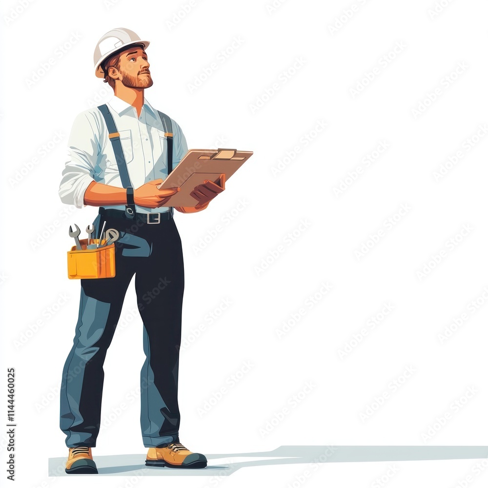 Professional construction worker in a hard hat holding a clipboard and tools, symbolizing planning, safety, and teamwork in the building industry for stock photography needs. Professional construction worker in a hard hat holding a clipboard and tools, symbolizing planning, safety, and teamwork in the building industry for stock photography needs.