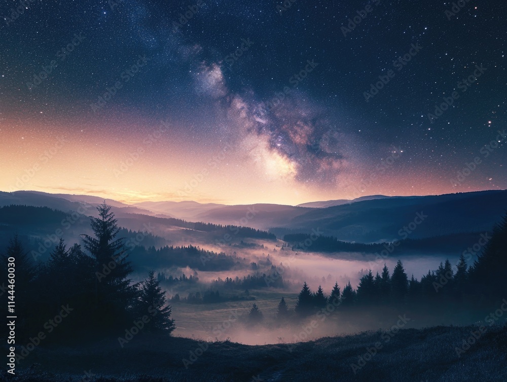 A tranquil night in a forest under the starry sky, with hills and trees creating a picturesque landscape. A tranquil night in a forest under the starry sky, with hills and trees creating a picturesque landscape.