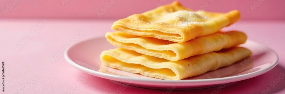 Flaky pastry layers gently folded on pink plate, dessert, flaky Flaky pastry layers gently folded on pink plate, dessert, flaky