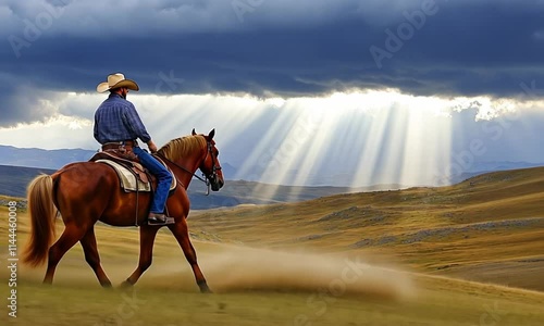 Wallpaper Mural A cowboy on horseback gazes at a dramatic landscape under rays of sunlight. Torontodigital.ca