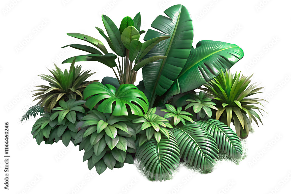 3D render cut out Lush green tropical plants bush on transparent background 3D render cut out Lush green tropical plants bush on transparent background
