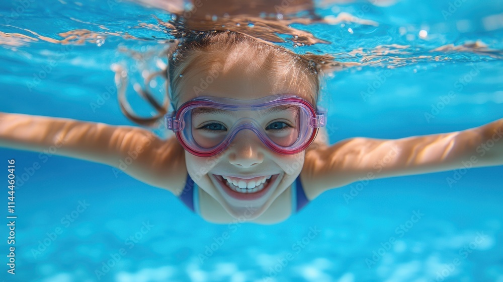 Fototapeta premium Joyful Child Smiling Underwater with Swim Goggles in Pool