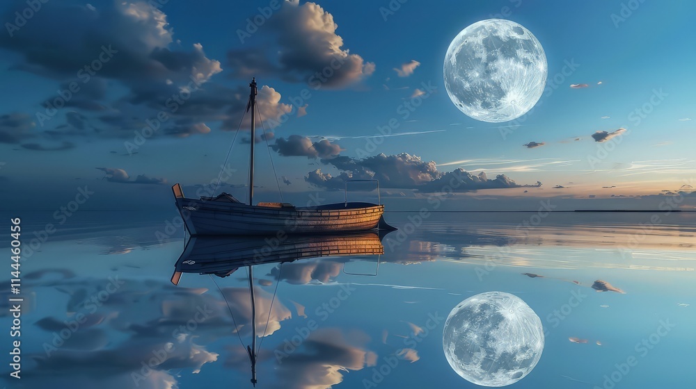 Obraz premium A full moon rises gracefully over the calm sea, casting a silvery reflection on the water's surface