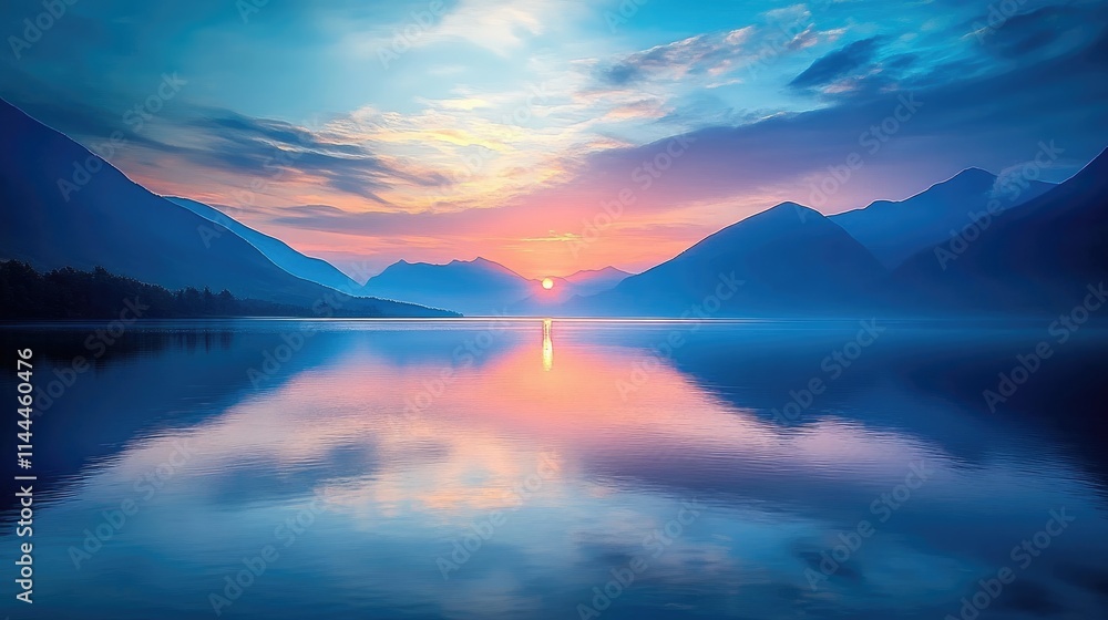 Serene Sunset Over Mountain Lake with Reflections and Colorful Sky Serene Sunset Over Mountain Lake with Reflections and Colorful Sky