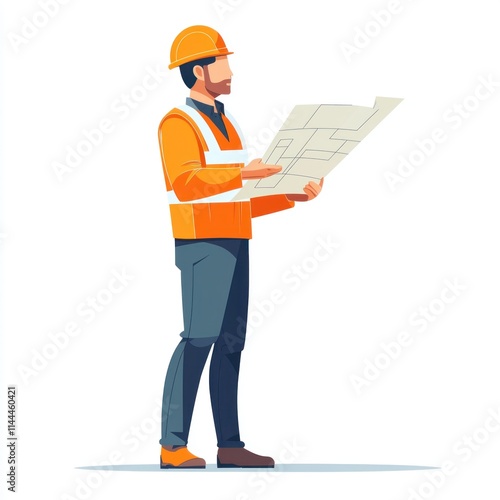 Construction Worker in Orange Safety Vest and Hard Hat Analyzing Building Plans Blueprint with Confident Expression on Site during Daytime