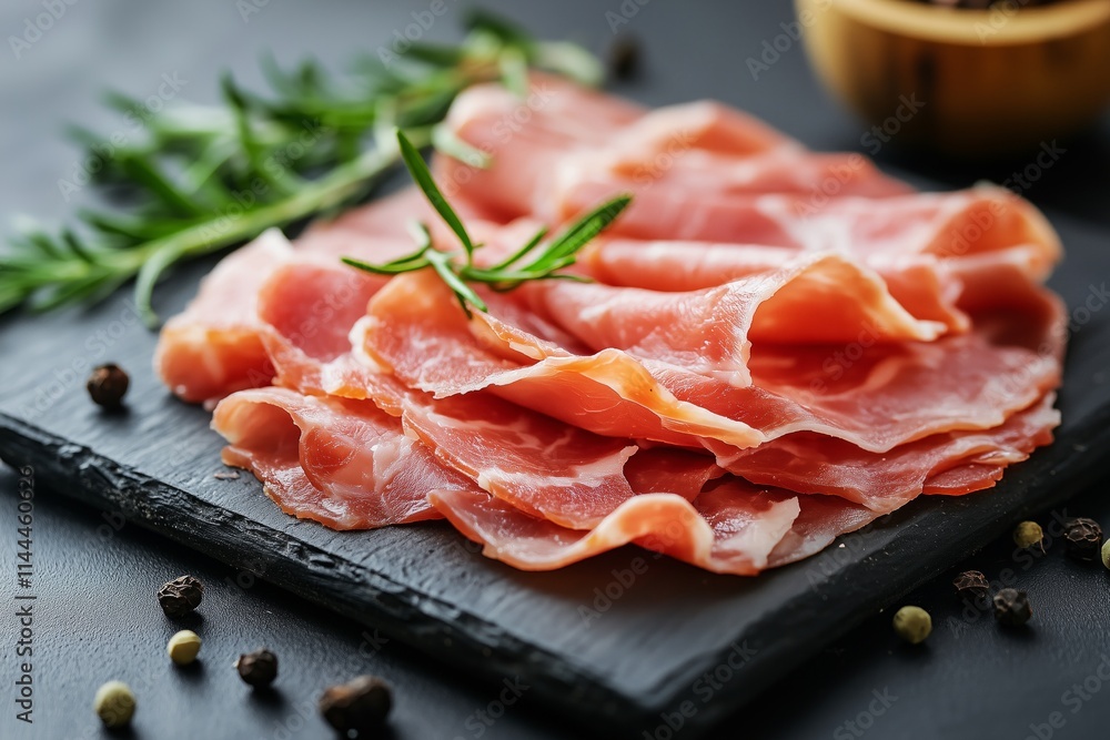 Thinly sliced prosciutto arranged on a slate plate with aromatic rosemary and scattered peppercorns. Thinly sliced prosciutto arranged on a slate plate with aromatic rosemary and scattered peppercorns.