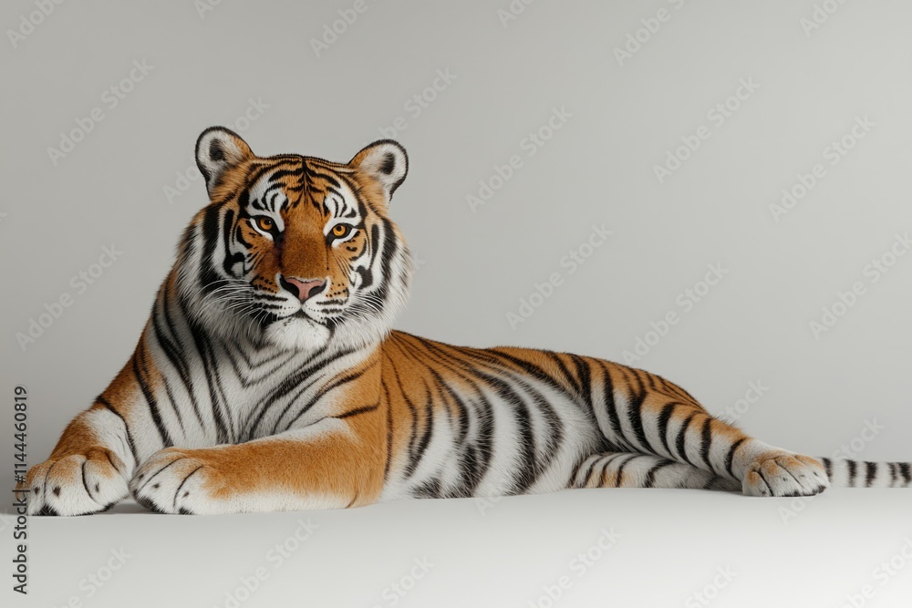 Fototapeta premium A majestic tiger lies gracefully, its orange and black stripes contrasting against a neutral background.