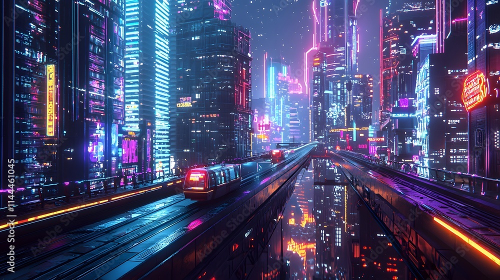 Traffic flows through the illuminated cityscape as cars weave through the bustling downtown streets under the glow of vibrant city lights Traffic flows through the illuminated cityscape as cars weave through the bustling downtown streets under the glow of vibrant city lights