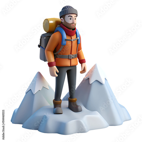 Cut out 3D render traveler with backpack on snowy mountain peak, isolated transparent background. high resolution, 16 bit, 64 bit depth PNG file.