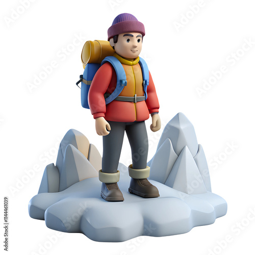 Cut out 3D render traveler with backpack on snowy mountain peak, isolated transparent background. high resolution, 16 bit, 64 bit depth PNG file. photo