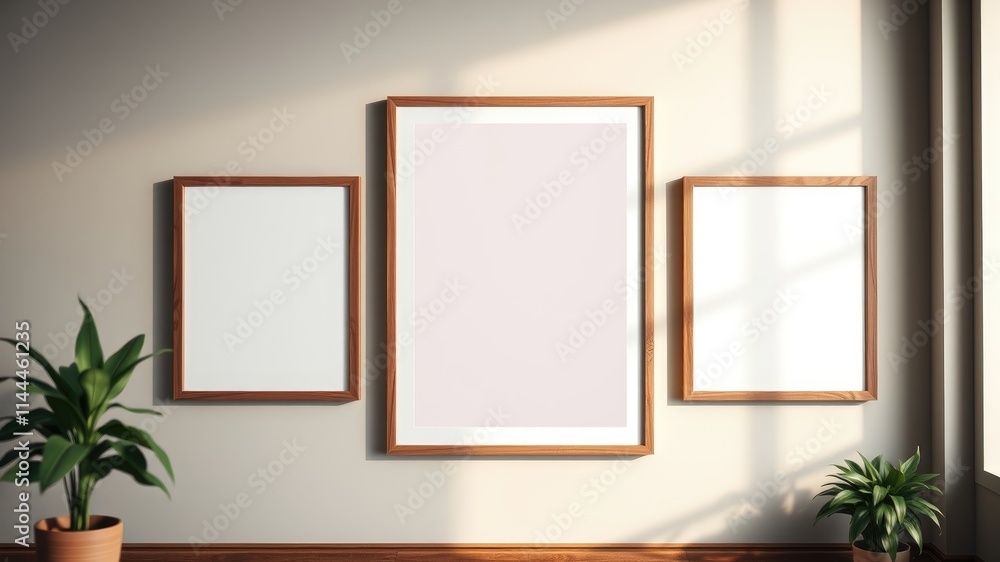 Three Wooden Frames with Blank Canvas on a Wall, Sunlight Streaming Through Window, Minimalist Home Decor Three Wooden Frames with Blank Canvas on a Wall, Sunlight Streaming Through Window, Minimalist Home Decor