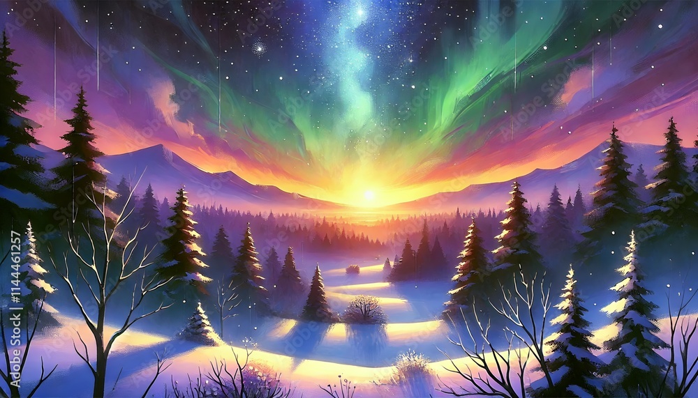 Fototapeta premium A serene late winter landscape with a horizontal composition, showcasing snow-covered trees and mountains under a mystical starry sky glowing with purple, green, and blue hues.
