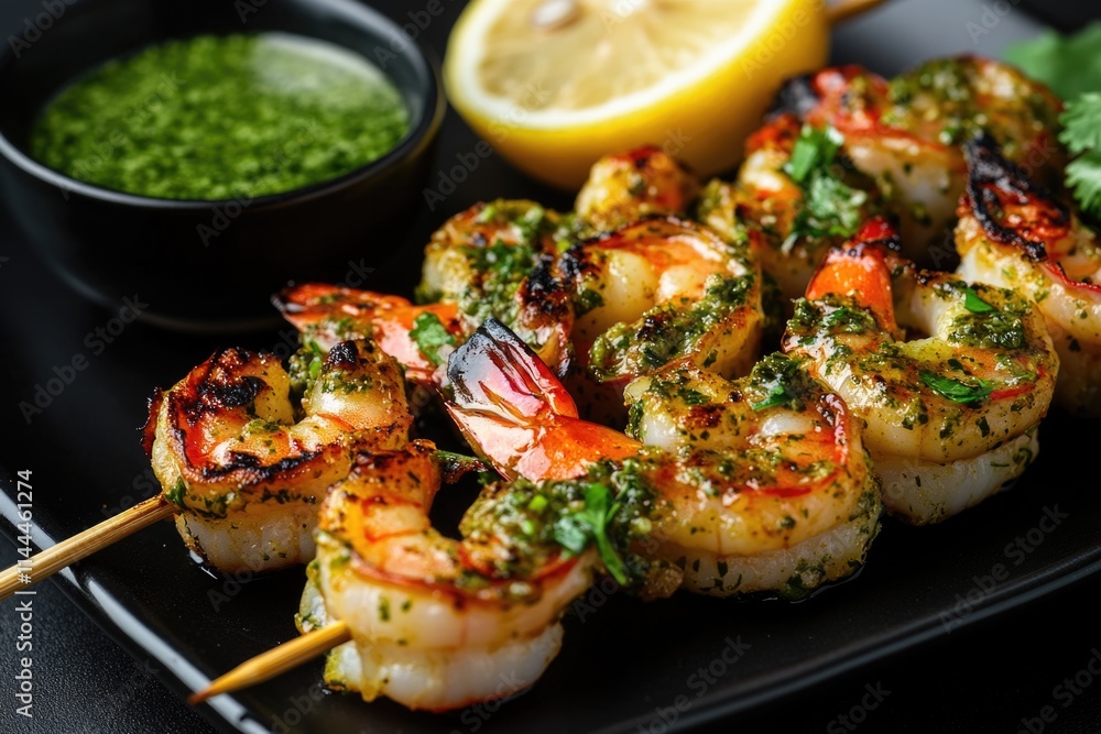 Tasty and healthy shrimp skewers with a zesty lemon-green sauce, perfect for an appetizer or grilled meal. Tasty and healthy shrimp skewers with a zesty lemon-green sauce, perfect for an appetizer or grilled meal.