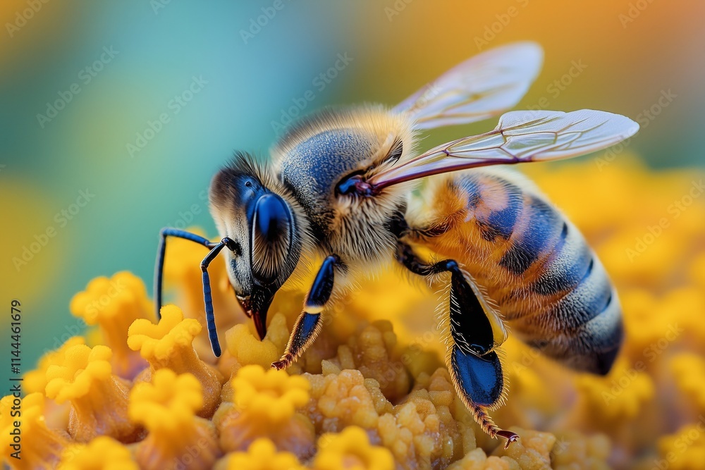 Close-up of a vibrant bee collecting pollen on a bright yellow flower, showcasing delicate wings and intricate details. Close-up of a vibrant bee collecting pollen on a bright yellow flower, showcasing delicate wings and intricate details.