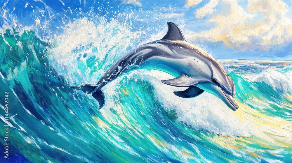Fototapeta premium Colorful Dolphin Jumping Through Ocean Waves