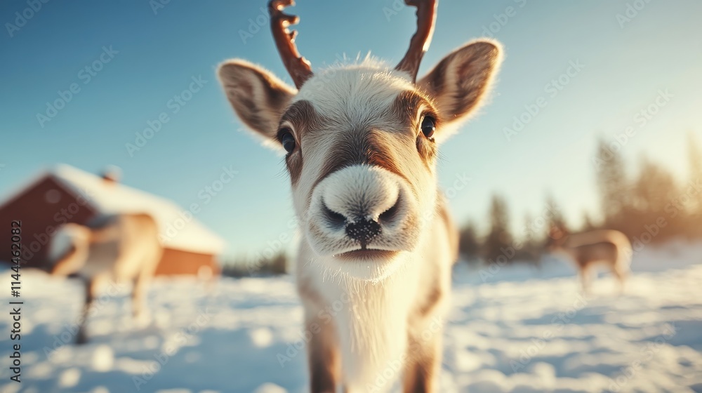 A curious reindeer stands prominently in a snowy landscape against a bright blue sky, creating a serene and natural winter portrait full of wonder. A curious reindeer stands prominently in a snowy landscape against a bright blue sky, creating a serene and natural winter portrait full of wonder.