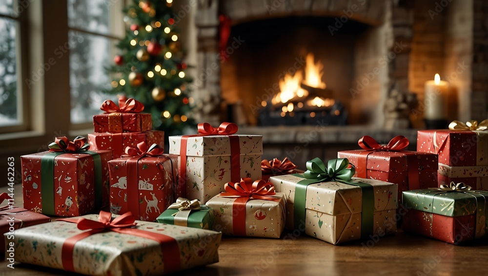 Many wrapped Christmas presents are on a table in front of a fireplace and Christmas tree. Many wrapped Christmas presents are on a table in front of a fireplace and Christmas tree.