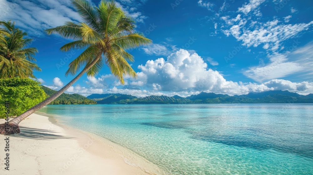 Tranquil Tropical Beach with Crystal Clear Water and Lush Palm Trees Tranquil Tropical Beach with Crystal Clear Water and Lush Palm Trees