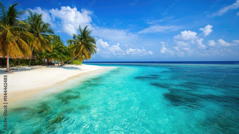 Scenic Tropical Beach with Crystal Clear Water and Blue Skies Scenic Tropical Beach with Crystal Clear Water and Blue Skies