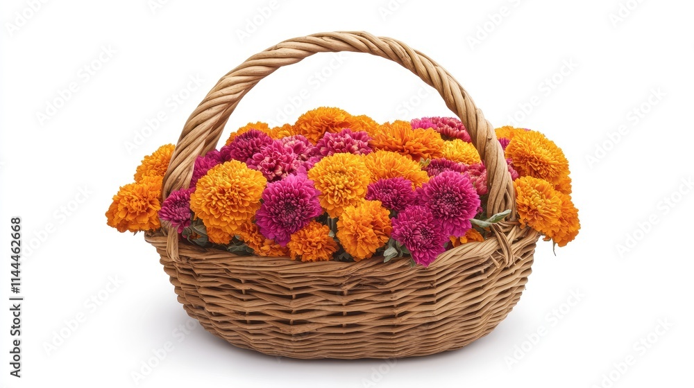 Vibrant Marigold and Zinnia Flowers in a Woven Basket Arrangement Vibrant Marigold and Zinnia Flowers in a Woven Basket Arrangement