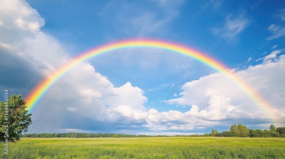 Vibrant Rainbow Over Lush Green Field Under Bright Blue Sky Vibrant Rainbow Over Lush Green Field Under Bright Blue Sky