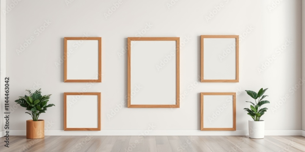 Fototapeta premium Modern minimalist interior design with empty wooden picture frames and potted plants